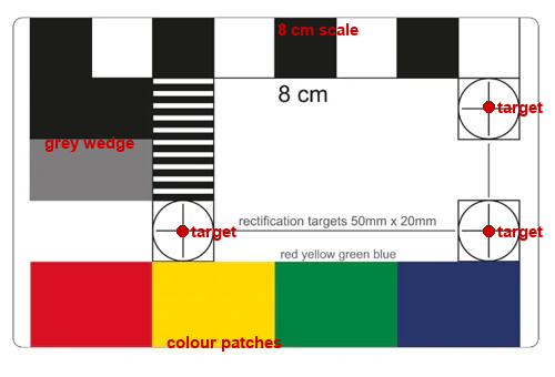 Credit Card Photography Scale features: 8 cm scale bar, grey step wedge, red/yellow/green/blue colour patches, and three 50 by 20 mm crosshair rectification targets